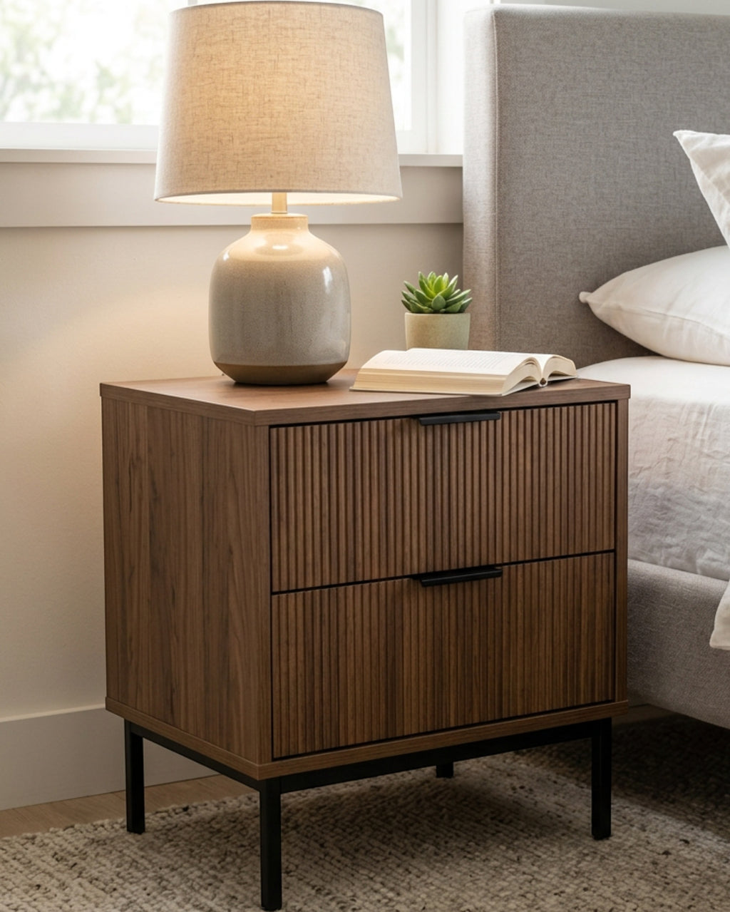 Kinb Fluted Nightstand Walnut 2 Drawer 24 in