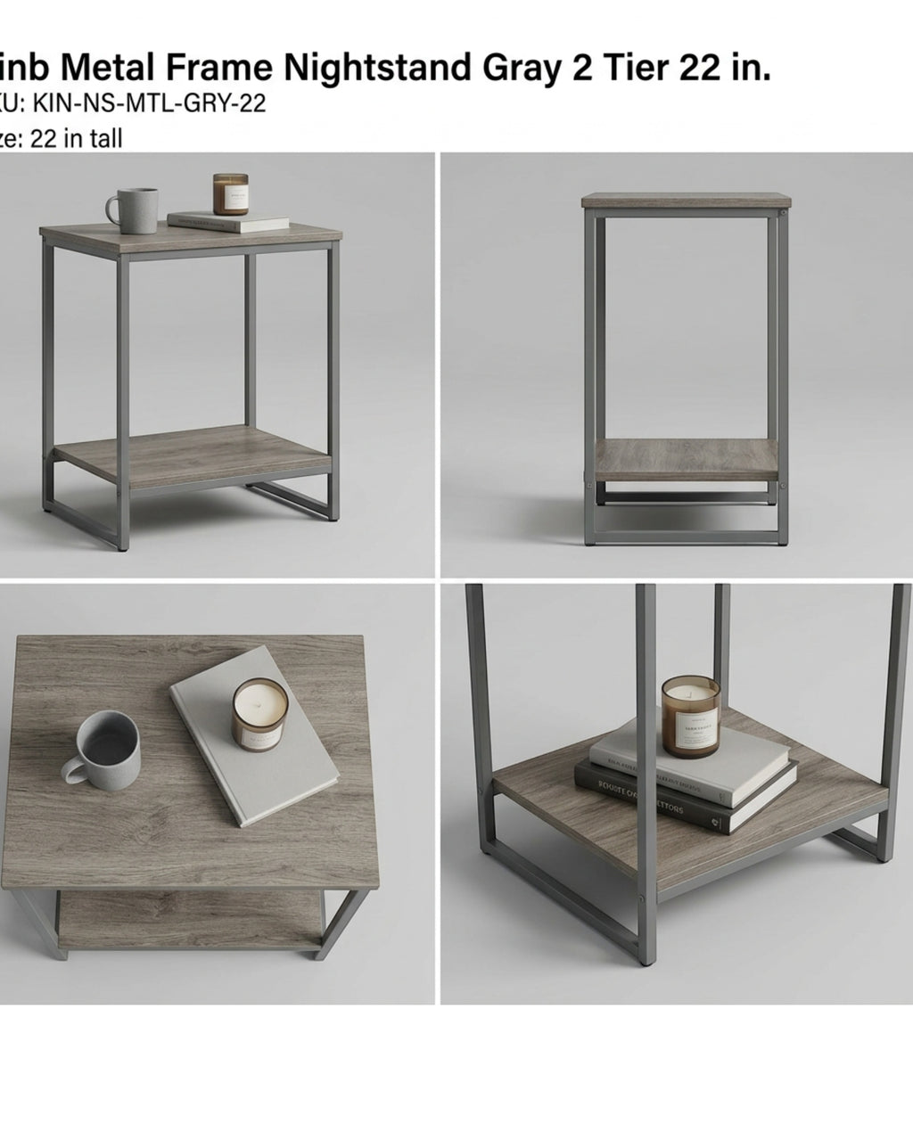 Kinb Metal Frame Nightstand Gray 2 Tier 22 in