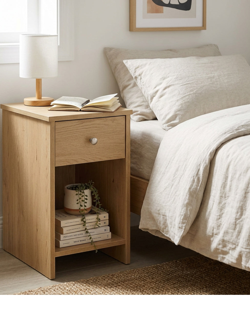Kinb Narrow Bedside Cabinet White Oak 1 Drawer Shelf