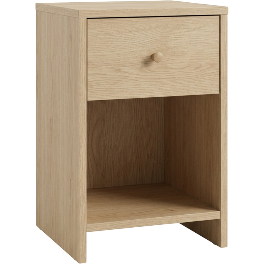Kinb Narrow Bedside Cabinet White Oak 1 Drawer Shelf