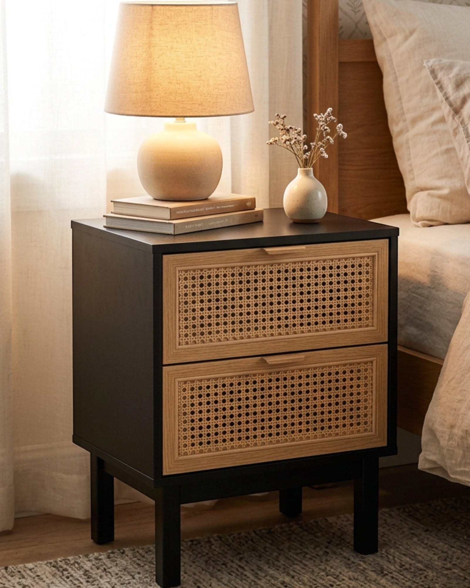 Kinb Rattan Front Nightstand Black 2 Drawer 25 in
