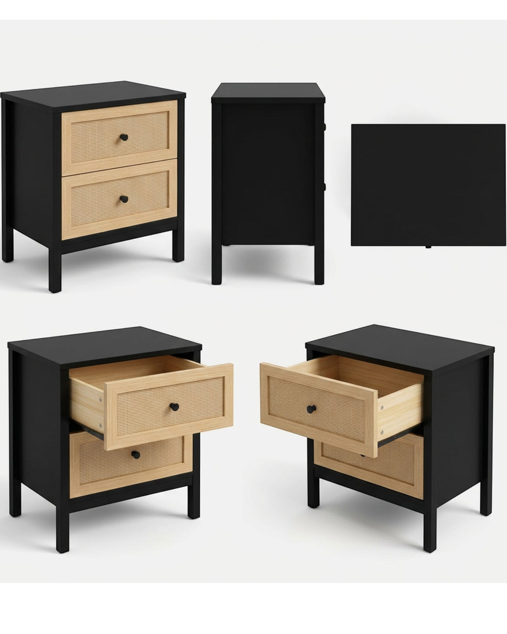 Kinb Rattan Front Nightstand Black 2 Drawer 25 in