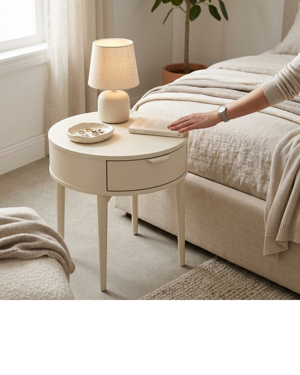 Kinb Round Bedside Table Cream 20 in with Drawer