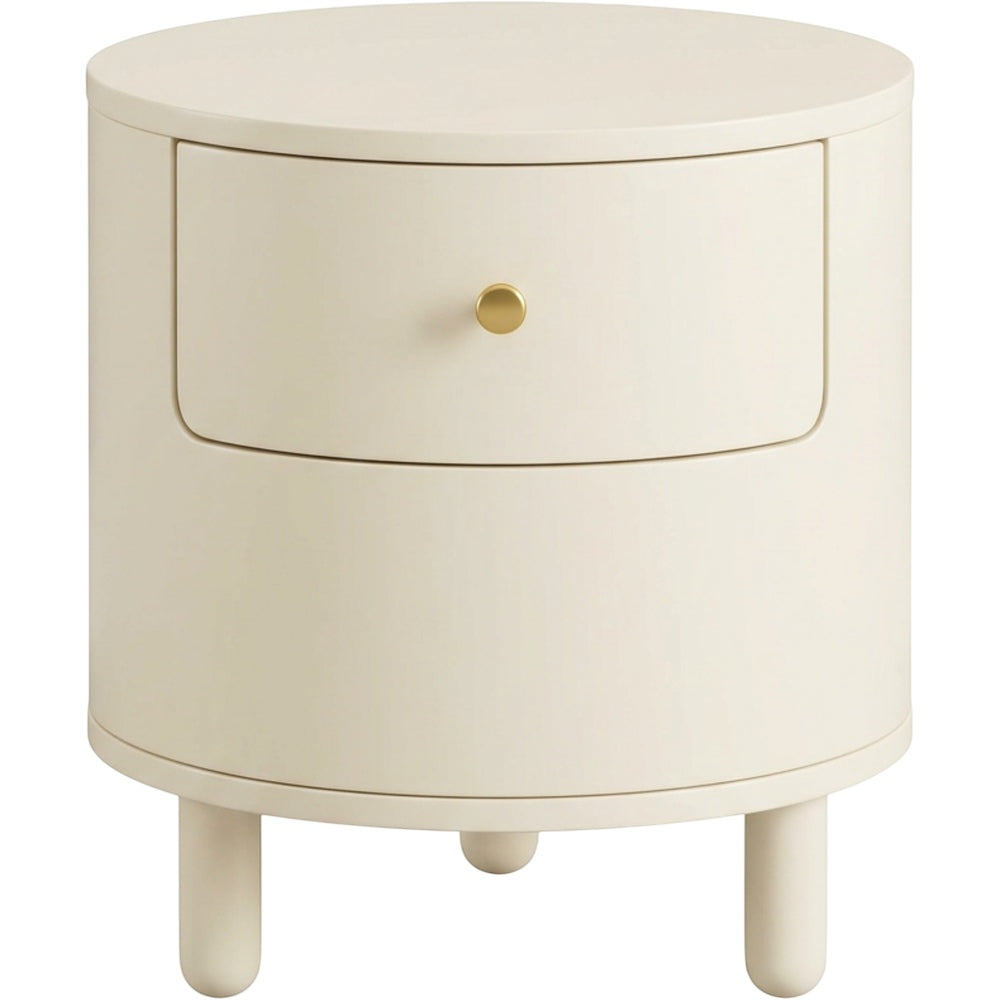 Kinb Round Bedside Table Cream 20 in with Drawer